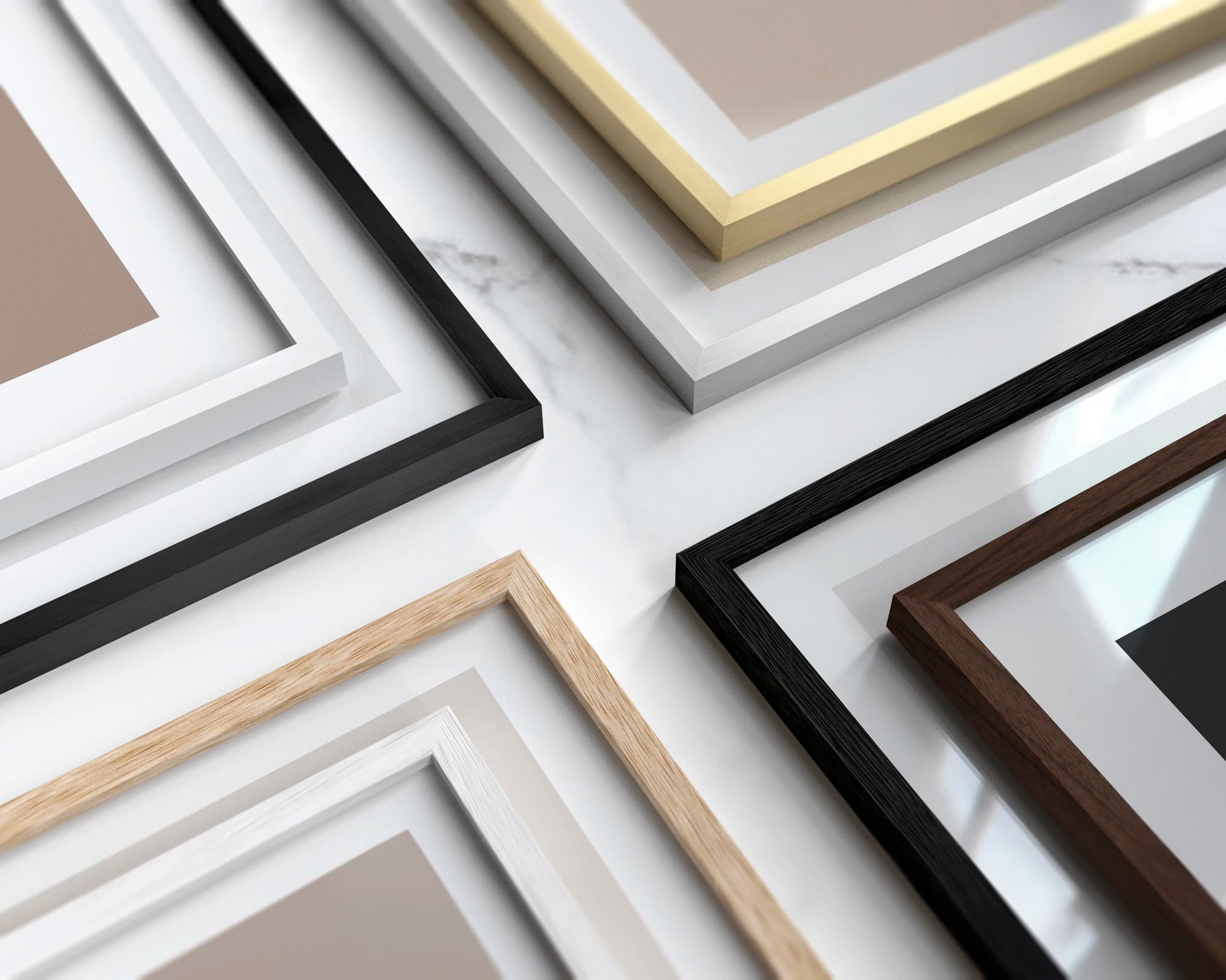 Oak and metal frames in natural, walnut, white, black, silver, and gold finishes